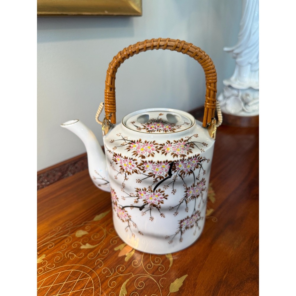 Vintage Cherry Blossom Teapot with Rattan Handle‎ • Porcelain Floral Tea Pot